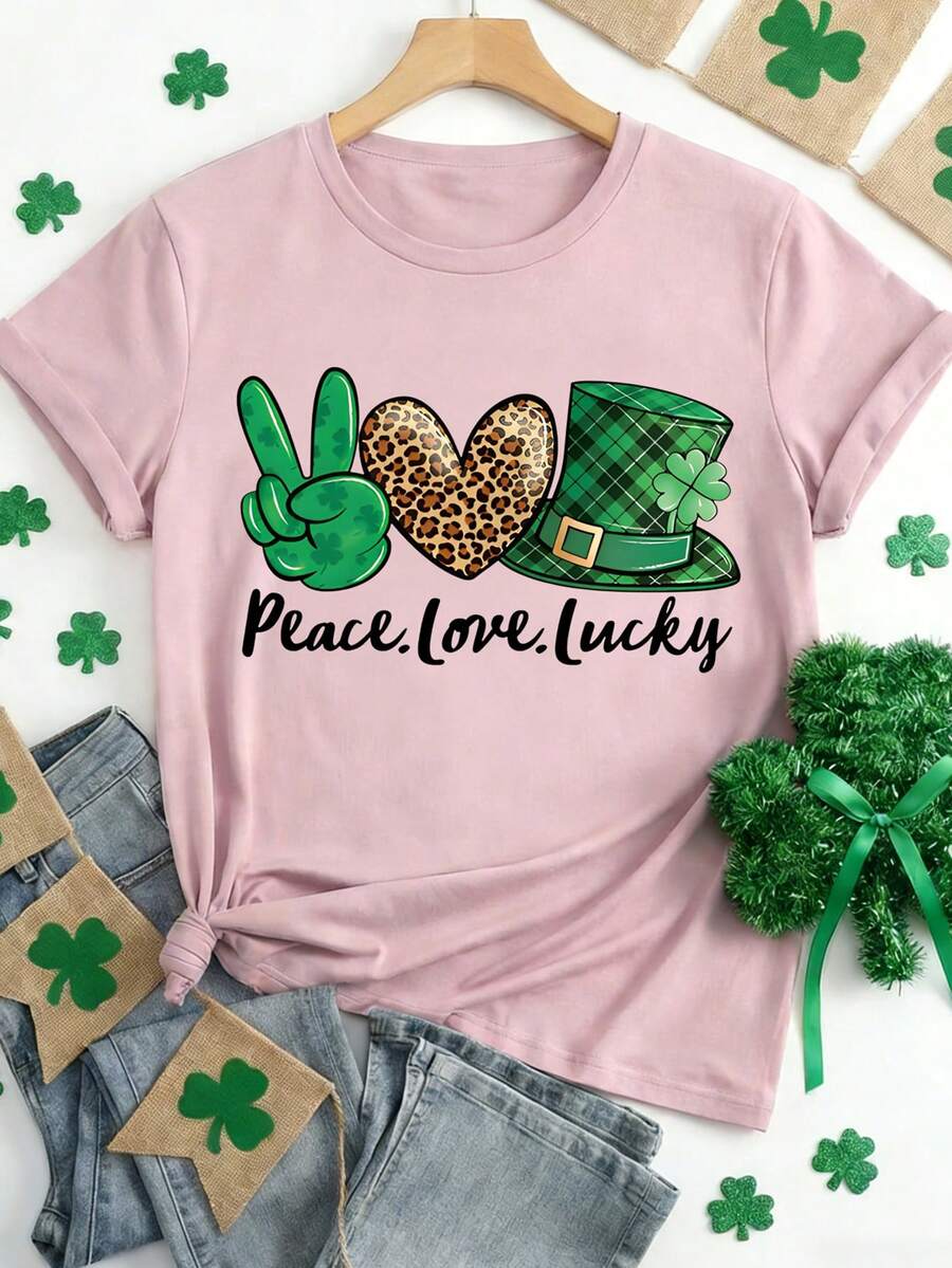 EMERY ROSE St. Patrick's Day Clover Hat Pattern Women's Round Neck Short Sleeve T-Shirt - Pink - View 1