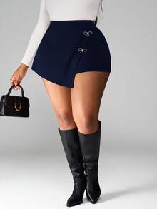 SHEIN PETITE CURVE 大码女式不对称蝴蝶结水钻装饰情人节黑色爱心/恋人基本款短裤 - 藏蓝色 - 查看 6