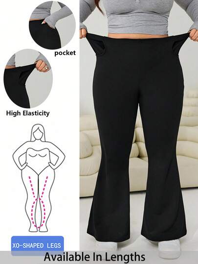 SHEIN PETITE CURVE Plus Size Women Casual Solid Color High Waist Flare Leg Pants, Versatile For Daily Commute Plus Size Flare Pants Flared Leggings For Women Plus Size Bell Bottoms Yoga Pants Plus Size Maternity Pants,Spring Outfit,Going Out,Casual Outfit For Women,Black Pants,Commuting, Daily Life, Office