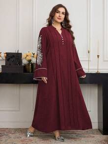 Al Najma 休闲宽松V领串珠装饰长袖连衣裙，适合大码女性，春秋季 - 紅色 - 查看 3