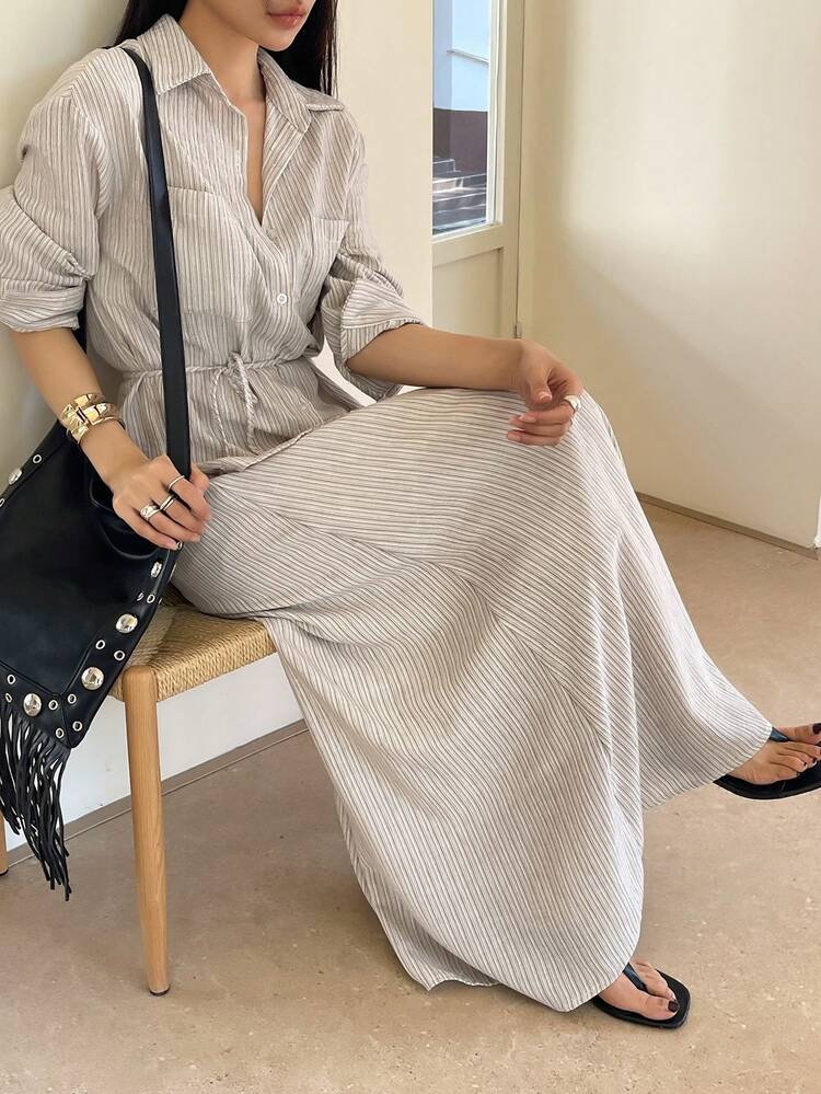 Women's Casual Vacation Tie-Waist Striped Shirt Top And Skirt 2-Piece Set, Spring/Summer