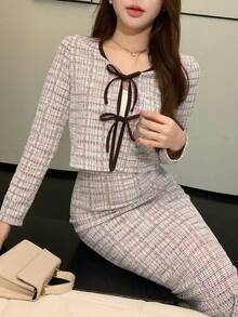 DAZY 春夏格子系带上衣和半裙套装，优雅百搭，适合情人节、婚礼、派对、时尚活动和通勤穿着。 - 藕粉色 - 查看 2