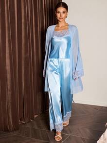 Slumberist 三件套蕾丝拼接V领吊带背心、裤子+网纱睡袍女士睡衣套装，成熟性感 - 藍色 - 查看 1