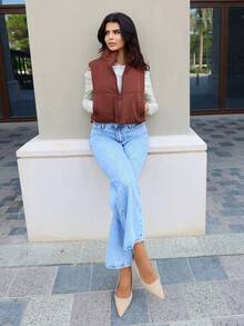 Hindelle 女士休闲纯色短款加垫背心，秋冬款 - 棕色 - 查看 4