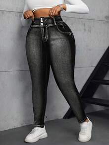 SHEIN SXY Plus Size Casual Washed Slant Pocket High Waist Skinny Jeans - Black - View 3