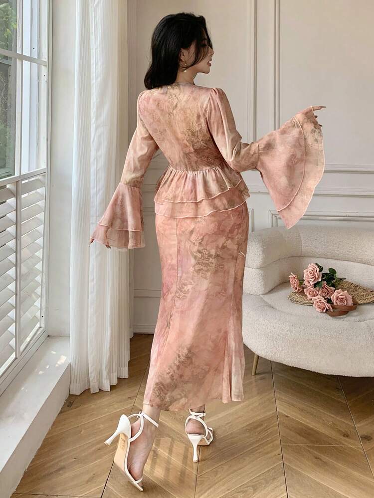 Women's Elegant Floral V-Neck Ruffle Trim Camisole Dress With Shirt, 2 Pieces Set, Spring/Summer,Wedding Guest Dress Women