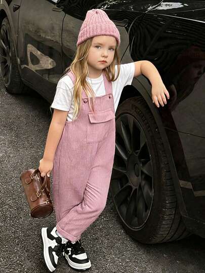 Young Girl' Corduroy Casual Button Pocket Suspender Waist Jumpsuit Kids Overalls Girls Girls Overall Jumpsuit Toddler Overalls Girl Cute, Comfortable, And Casual Pink Pants With Suspenders