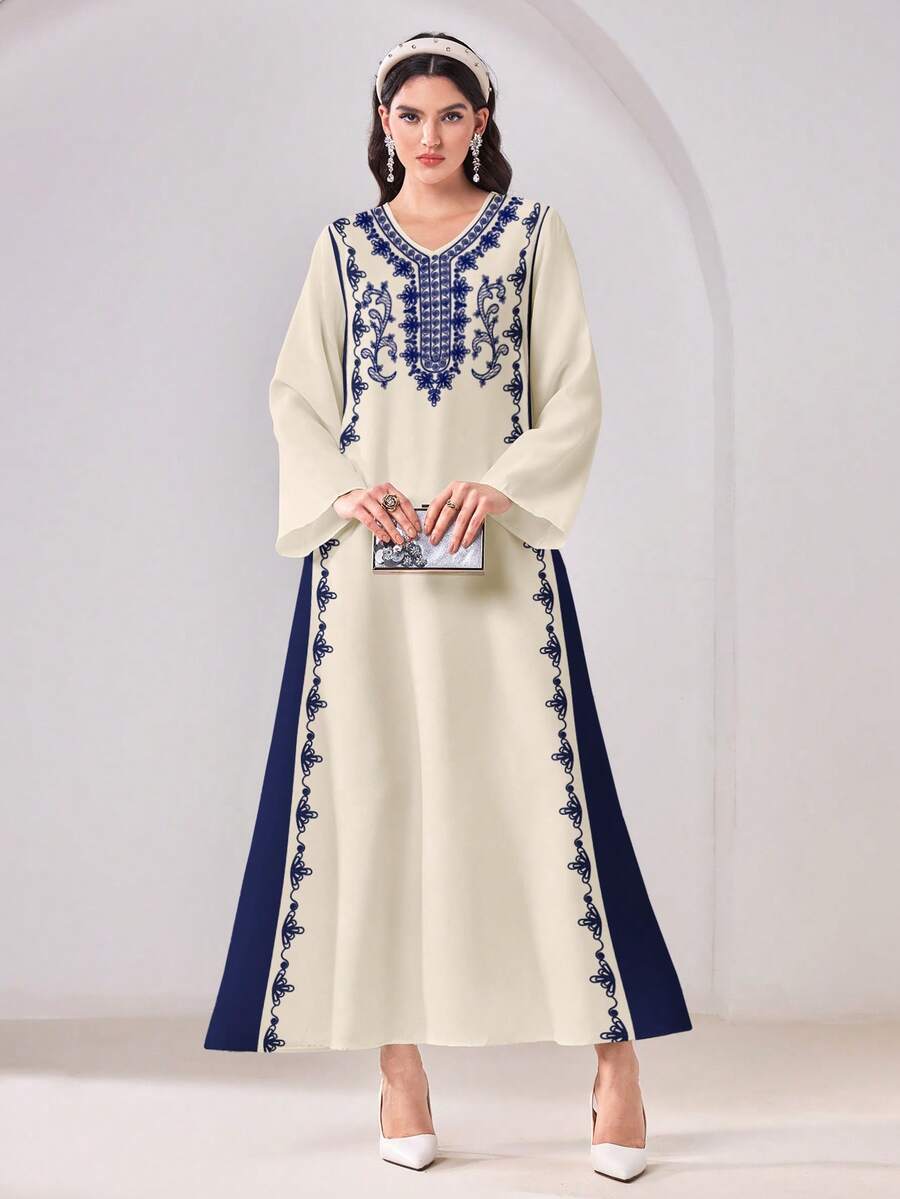 Al Najma Casual Floral Print V-Neck Long Sleeve Modest Arabic Dress - Multicolor - View 1