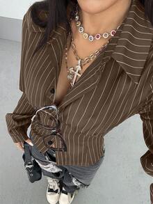 StreetHx Women's Retro Fitted Striped Shirt - Brown - View 5