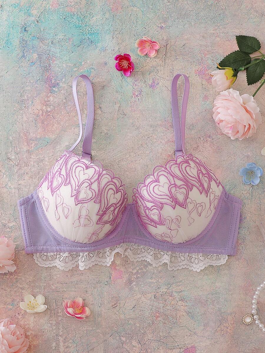 FloralLove Valentine's Day Heart Embroidery Floral Underwire 3/4 Cup Uplift Push Up Cleavage Enhancing Comfy Balconette Cute Fresh Romantic Backless Bow Cute Babydoll Women's Bra