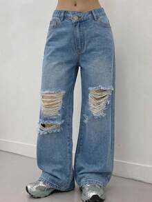 Sparklyn 大龄女童简约时尚深色牛仔裤，直筒裤型设计，修饰腿型，适合上学、通勤和户外活动。 - 藍色 - 查看 1