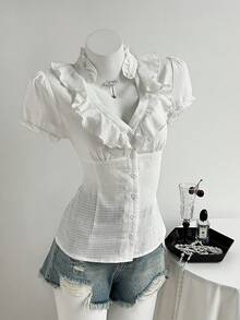 Elamini 女士白色V领荷叶边修身泡泡袖衬衫 - 白色 - 查看 5