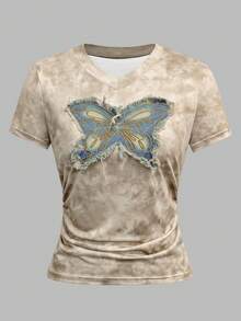 Chiquease 复古美式蝴蝶刺绣V领褶皱背心，扎染修身夏季短款T恤，印花T恤，女式上衣 - 卡其色 - 查看 1