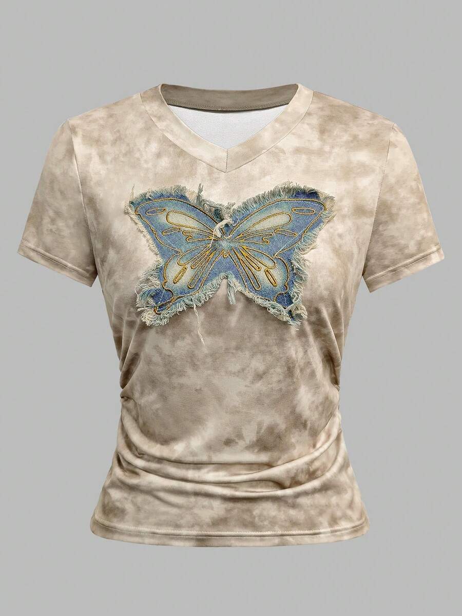 Chiquease 复古美式蝴蝶刺绣V领褶皱背心，扎染修身夏季短款T恤，印花T恤，女式上衣 - 卡其色 - 查看 1