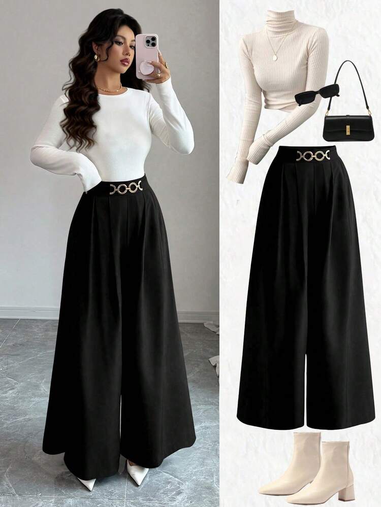 SHEIN Elenzya Novas Calças Elegantes Casuais de Cintura Alta com Zíper Lateral, Decoração de Botão e Perna Flare para Mulheres, Primavera/Outono - Preto - Visão 3