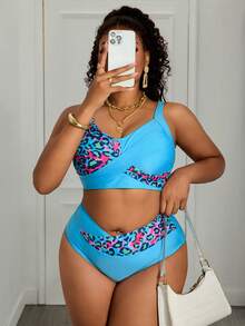 Slaydiva 多色加大码高腰比基尼套装，无袖纹理图案，性感深V领裹身设计，女士泳装两件套，夏季两件套泳衣，女士泳装两件套，女士两件套泳衣 - 彩色 - 查看 5