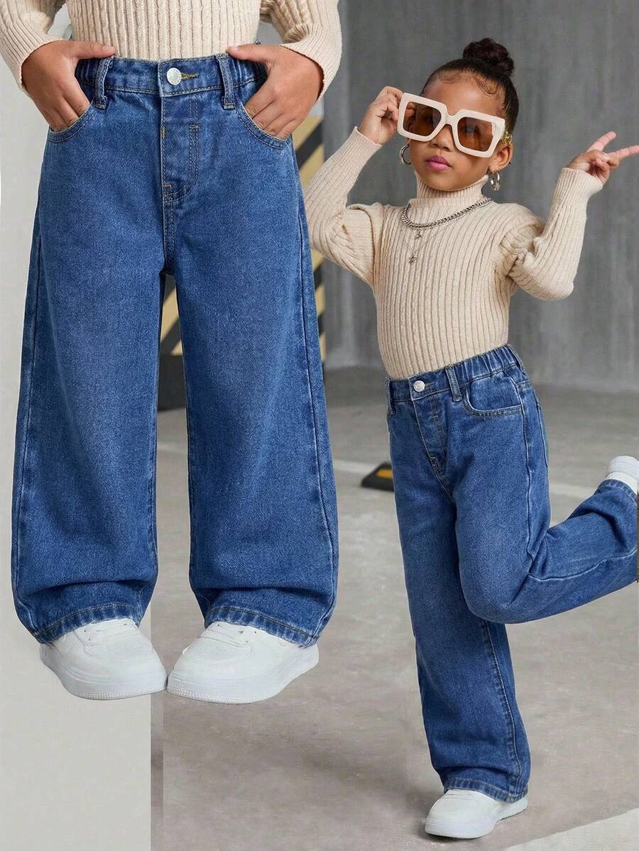 SHEIN Young Girls' Brown Denim Loose Fit Cargo Pants - Medium Wash - View 1