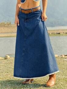 WESTFADE 西部风格A字牛仔布拼接钩编蕾丝长裙，适合冬季、春季、度假、休闲、纳什维尔、牛仔女郎等各种场合，尽显西部风情。 - 中等水洗藍 - 查看 4