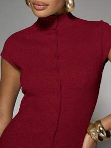 MISSGUIDED Mock Neck Cap Sleeve Button Front Midi Length Bodycon Dress With Side Slit For Fall Winter - Burgundy - View 4