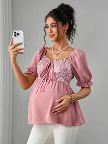 Momance Maternity Top With Ruffle Lantern Sleeves, Diamond Neckline, Jacquard Fabric, Tie Bow Design, A-Line Hem - Dusty Pink - View 4