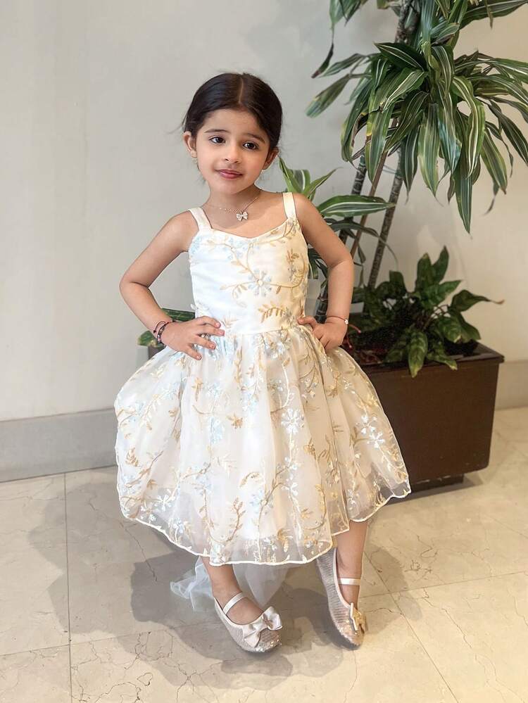 Young Girl Spaghetti Strap Mesh Splice Elegant Dress,Girls Summer Outfits