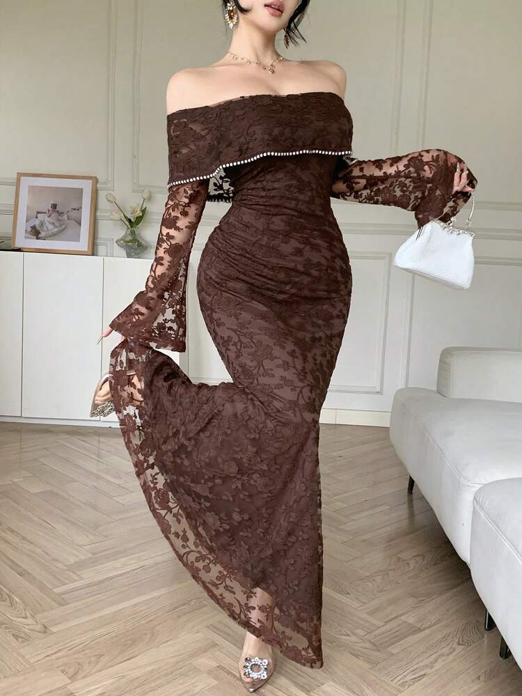 Spring & Summer Fashion Brown 3D Pearl Decor Shiny Off-Shoulder Lace Dress, Elegant Slim Waist Casual/Wedding/Vacation Mesh Patchwork Fishtail Dress For Women Wedding Guest Dress Maxi Dress Sundress