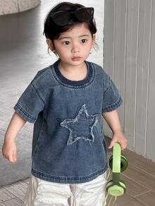 DAZY Toddler Boys' Round Neck Five-Pointed Star Korean Style Washed Denim Streetwear - Blue - View 5