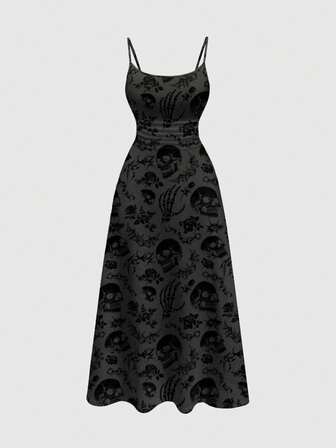Goth Sexy dunkler Schädel Punk Flügel Rose Dorn A-Linie Damenkleid