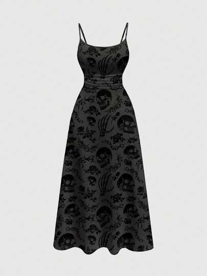 Goth Sexy Dark Skull Punk Wing Rose Thorn A-Line Women's Dress