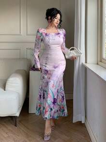 DAZY Đầm midi dáng đuôi cá tay phồng cổ vuông in hoa thanh lịch dành cho nữ, thích hợp làm đầm dự tiệc cưới mùa xuân/hè hoặc đầm mùa hè lễ Phục sinh. - Màu tím - Xem 7