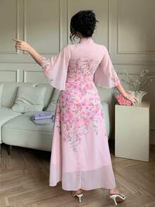 DAZY Women's Elegant Floral Print Ruched Tie Neck Flounce Sleeve Midi Dress, Spring/Summer