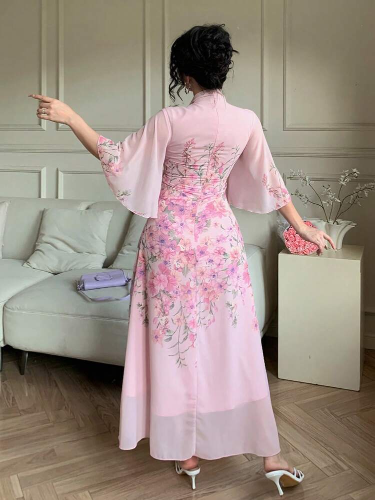 Women's Elegant Floral Print Ruched Tie Neck Flounce Sleeve Midi Dress, Spring/Summer Wedding Guest Dress Easter Sundress