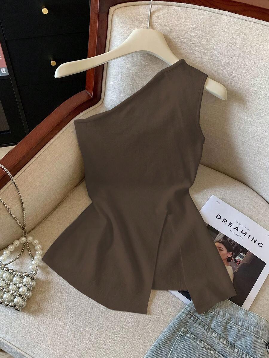 GlowEve Women's Casual Solid Color Sleeveless Tank Top With Side Slit Hem, Summer - Coffee Brown - View 1