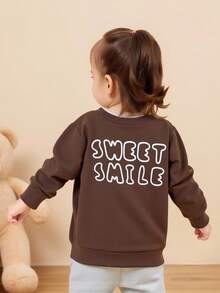 Genkimix Kids 1件女童长袖甜美笑脸印花休闲卫衣，春秋季 - 棕色 - 查看 7