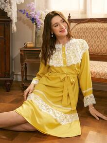 Côtesoire Áo ngủ nữ kiểu Pháp lãng mạn, thanh lịch, phong cách cung điện, phối màu tương phản, ren ghép mảnh, tay áo phồng. - Màu vàng - Xem 6