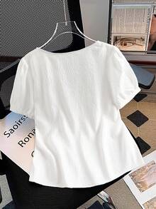 GlowEve Áo kiểu nữ cổ chữ V phối ren, tay phồng in hình trái tim, ngọt ngào và trẻ trung, hàng mới về mùa hè. - trắng - Xem 2