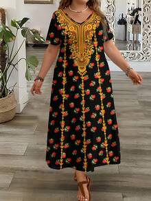 Mellowie 大码女式休闲V领短袖连衣裙，适合夏季穿着 - 彩色 - 查看 4