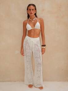 Swim Chiccia Quần ống loe dáng suông, buộc dây, khoét lỗ, màu trơn dành cho nữ, thích hợp mặc mùa hè, giúp thon gọn vóc dáng. - trắng - Xem 1