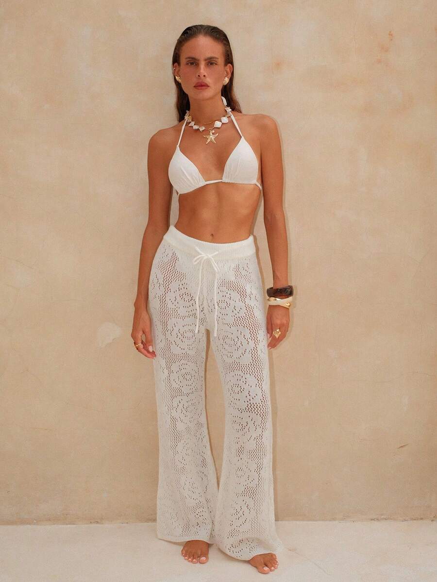 Swim Chiccia Quần ống loe dáng suông, buộc dây, khoét lỗ, màu trơn dành cho nữ, thích hợp mặc mùa hè, giúp thon gọn vóc dáng. - trắng - Xem 1