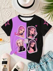 Young Girl Casual Fashionable Creative Personalized Refreshing Minimalist Cool Virtual Girl Group Pentagram Heart Purple Mix Black Graphic Tee, Comfortable Daily Wear, Cozy Summer & Fall Styles Suitable For Spring, Summer, Autumn Graphic Girl Shirts Anime Girl Shirt Tv Girl Shirt Merch Star Girl Shirt - Multicolor - View 5