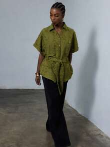 Aveloria Modichic Tissu jacquard à franges, décoration de poche, chemise ample avec col à cordon de serrage à la taille et boutons - Vert - Voir 1