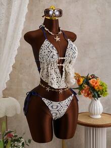 Swim Mod Bộ đồ đi biển 2 món dành cho nữ, thời trang và dễ thương, thích hợp cho khu nghỉ dưỡng, bãi biển, tiệc tùng, du thuyền. Áo croptop cổ yếm đính hạt cườm và quần bơi buộc dây bên hông, chất liệu vải dệt họa tiết phối màu tương phản. - Nhiều màu - Xem 4