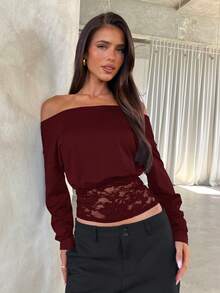 Aloruh Women's Contrast Lace Oblique Shoulder Long Sleeve Fashionable Elegant T-Shirt Lace Long Sleeve Top - Burgundy - View 2