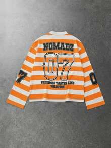 ROMWE MEN Men's Sparkling Diamond Striped Letter Print Long Sleeve Polo Shirt - Multicolor - View 3