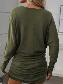 SHEIN PETITE 女士纯色圆领蝙蝠袖褶皱时尚短裙 - 軍綠色 - 查看 2