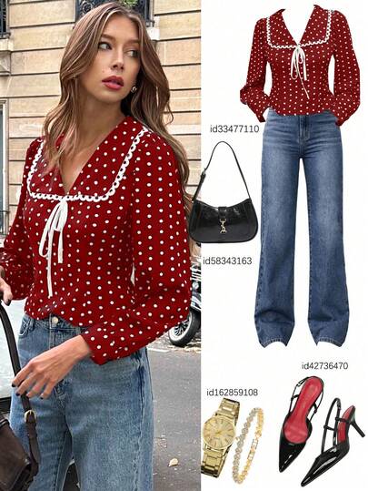 Pariaura 女士优雅设计白色蕾丝拼接V领系腰波点休闲法式短款黑色衬衫，长袖