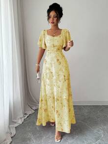 Modelyn Vestido de verano de mujer de estilo francés dulce con manga de murciélago, estampado de mariposa, plisado y de gasa - Amarillo - Ver 4