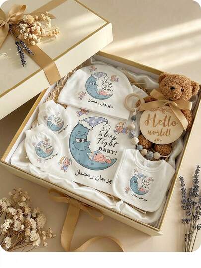 新生女宝宝休闲可爱卡通针织长袖连体衣、帽子和围兜三件套