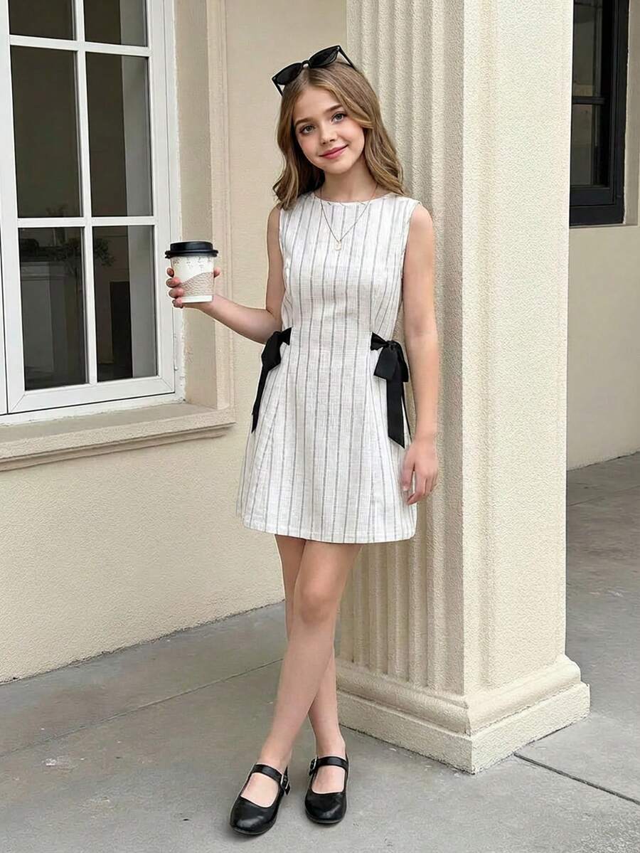 Tween Girl Striped Print V-Neck Textured Fabric Sleeveless Fitted Dress - White - View 1