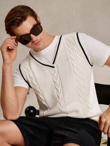 Manfinity CityGents Men's Casual Daily Contrast Trim Cable Knit V-Neck Sweater Vest Men Knit Tops Cream Top Men Men Knit Tank Top Men Cable Knit Men Summer Wear